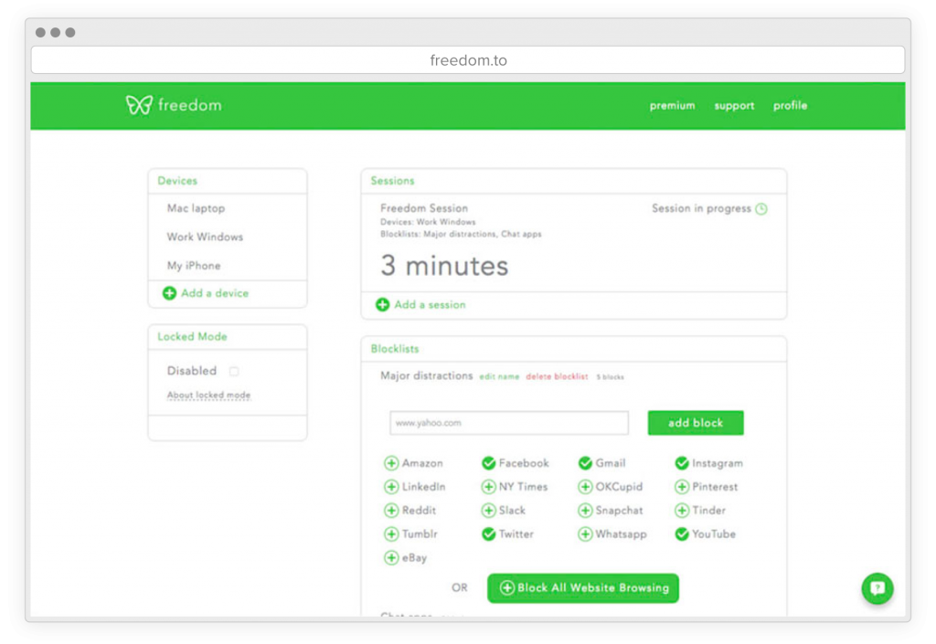A screenshot of the time management software Freedom