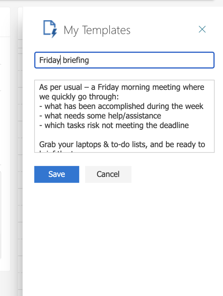 An example of adding a new event description template on Outlook Calendar