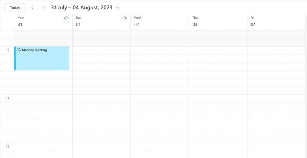 outlook calendar screenshot with a meeting appearing in blue