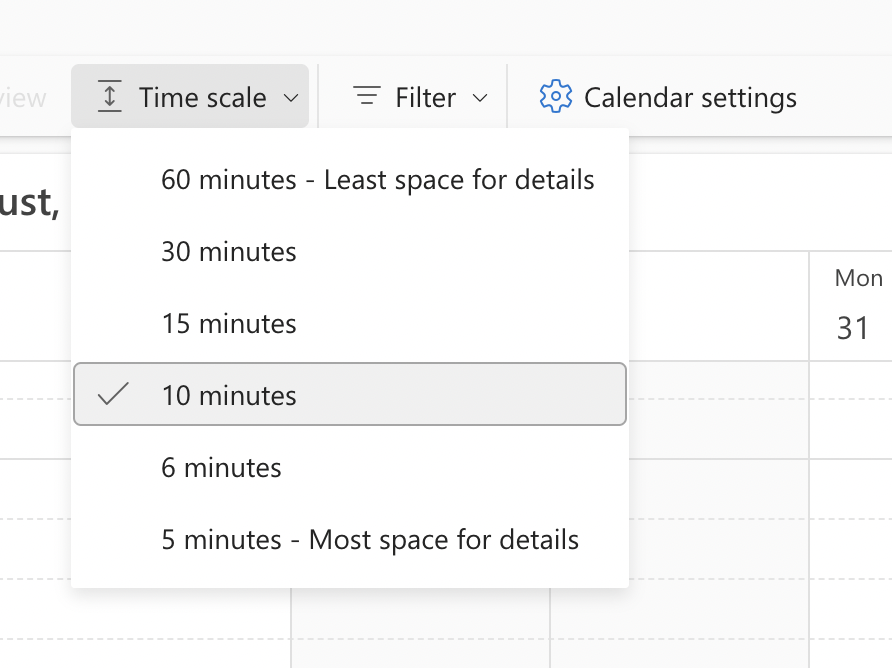 Time scale setting screenshot from Outlook Calendar