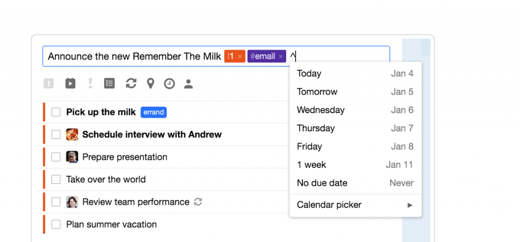A screenshot of the to-do list and time management app Remember the milk 