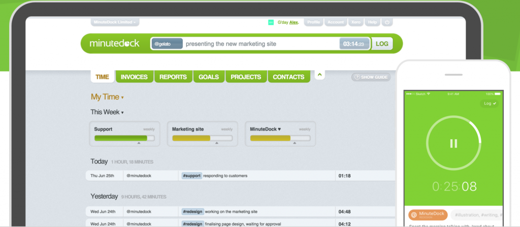A screenshot of Minute Dock timesheet management software