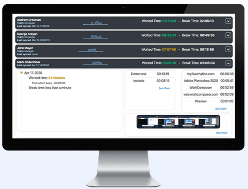 A screenshot of the WorkComposer employee timesheet software